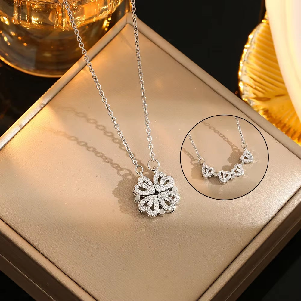 LovaCharm™ 4-in-1 Magnetic Heart & Clover Necklace – Love, Luck, and a Touch of Magic
